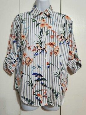 NOTATIONS Womens Small S Bird Floral Striped Roll Tab Sleeve Blouse Blue Coastal